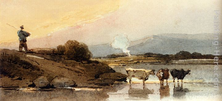 George Chinnery An Indian Herdsman On A Bank, Cattle Watering In A River Below